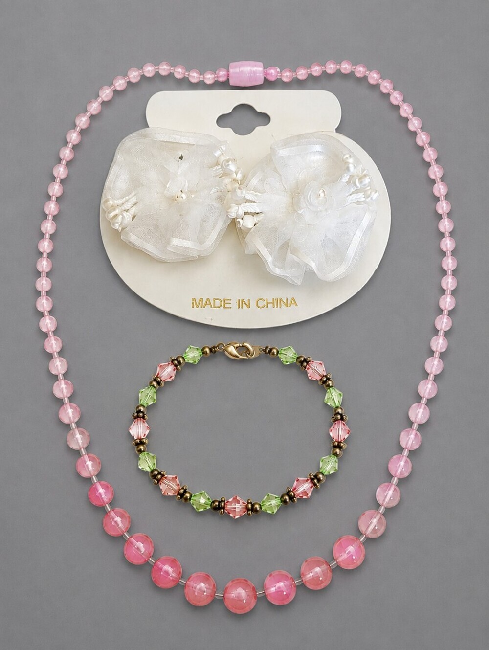 Vintage Coquette Pink and Green Acrylic Beaded Necklace Crystal Bracelet Set